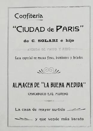 Aviso en Album de la República Argentina (1906-1907) publicado por Cristóbal Solari. Incluye a la confitería Ciudad de París de Av. de Mayo 602 y al almacén La Buena Medida.