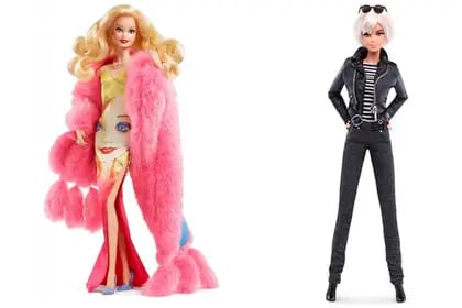 Dos muñecas "Barbie Warhol" forman parte de un interminable catálogo de modelos: una viene con estola rosa chicle de piel sintética y tacos altos; la otra, con campera de cuero, chupines y lentes tipo Rayban