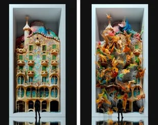 Capturas de dos momentos de Arquitectura viva: Casa Batlló, obra NFT de Refik Anadol venida en Christie's en mayo por 1.380.000 dólares