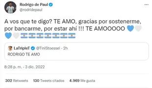La respuesta de Rodrigo De Paul al tuit de Tini Stoessel