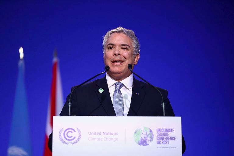 President of Colombia Ivan Duque Marquez speaks during the UN Climate Change Conference COP26 in Glasgow, Scotland, Tuesday, Nov. 2, 2021. (Hannah McKay/Pool via AP)