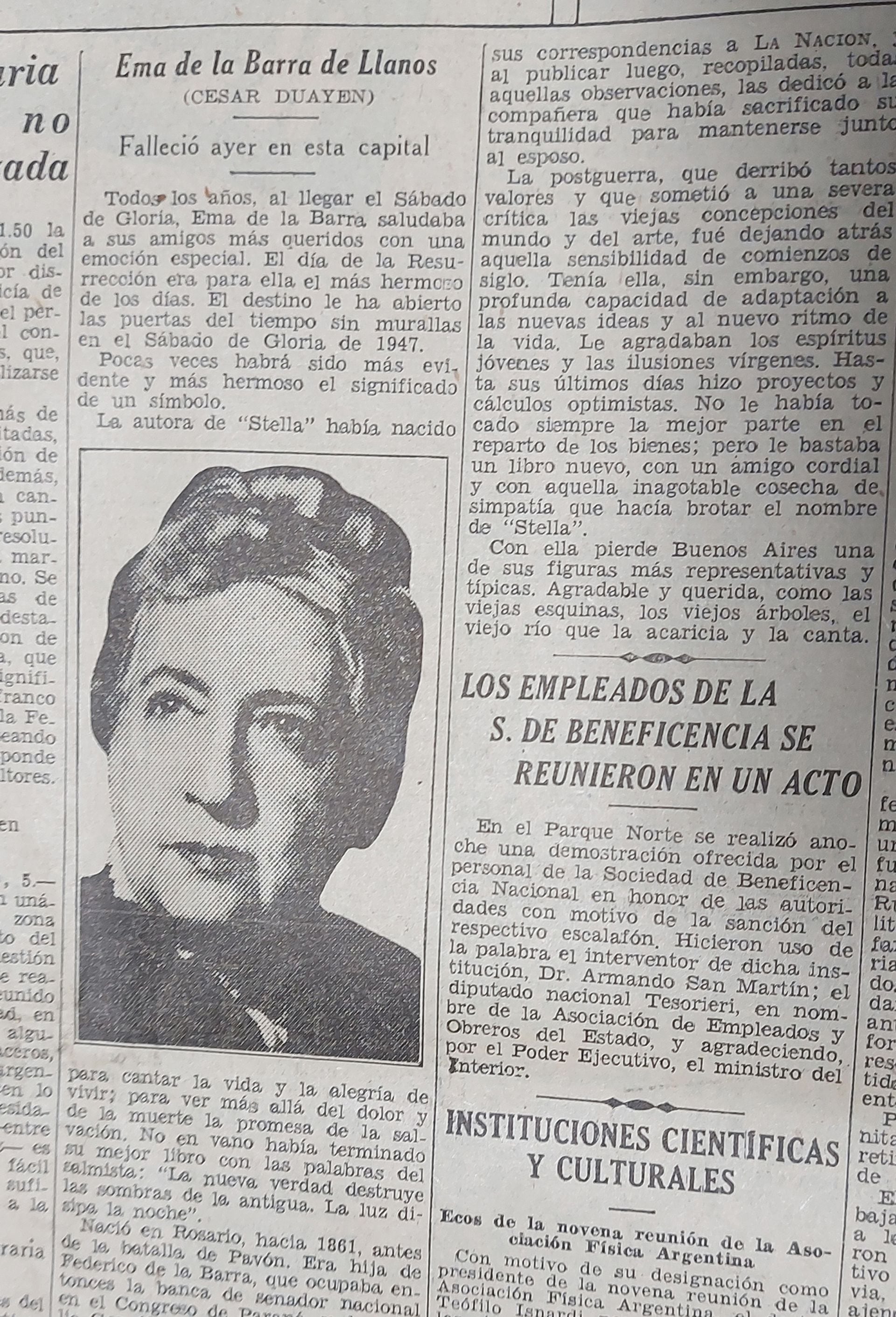 Nota necrológica aparecida en La Nación. 1947.