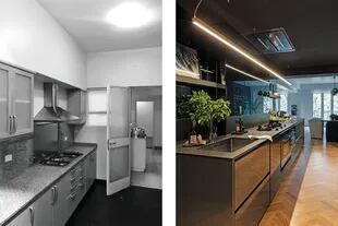 ANTES: una cocina cerrada, mal distribuida y peor iluminada. DESPUÉS: una funcional, elegante y totalmente integrada. Nuevo piso de roble (Arquisolado).
