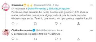 El fuerte cruce de Cinthia Fernández y una seguidora de Twitter