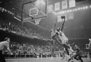 Bill Russell in action during a game between the Celtics and the Hawks in 1963.