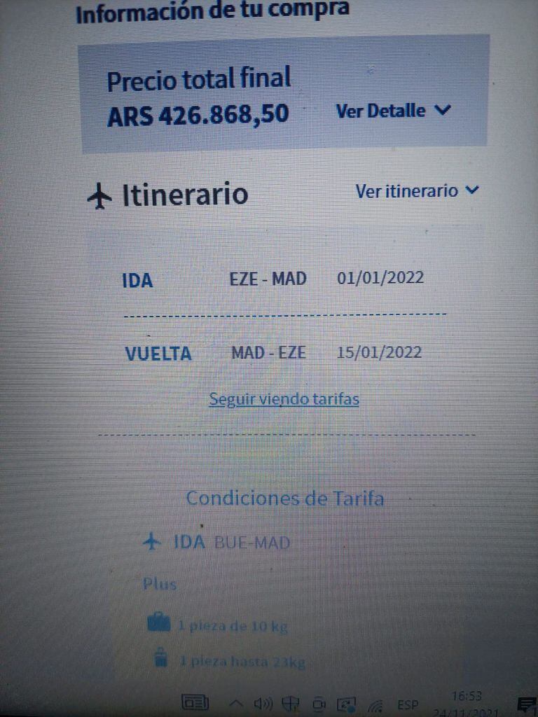 El precio a Madrid desde Ezeiza con Aerolíneas Argentinas es de $426.868 con equipaje en bodega.