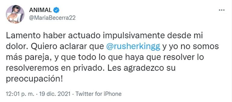 María Becerra used Twitter to confirm that she separated from Rusher Kingg