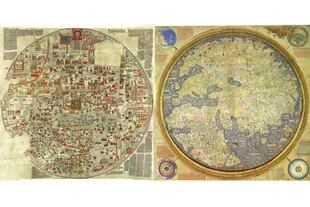 Izquierda: planisferio alemán de Ebstorf  del siglo XIII con la inscripción "Isla Perdida: San Brandán la descubrió pero nadie la ha encontrado desde entonces". Derecha: mapamundi de Fra Mauro confeccionado en 1457