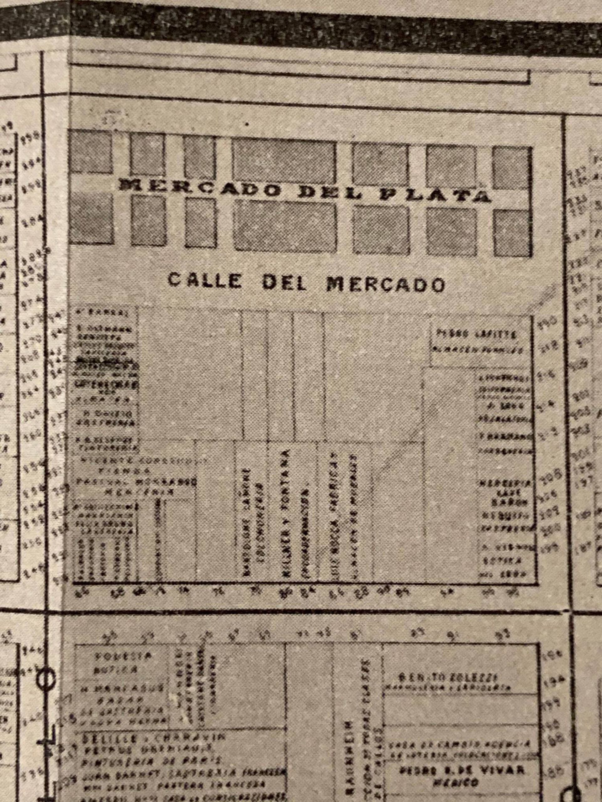 Un antiguo plano donde el pasaje se menciona como Calle del Mercado, en referencia al Mercado del Plata.