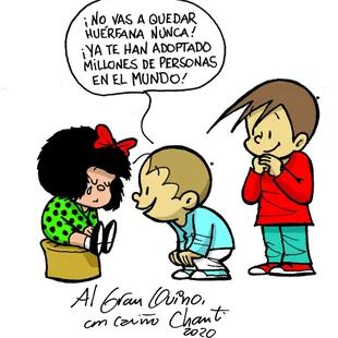 Los personajes de Mayor y Menor, la tira de Chanti, consuelan a Mafalda por la muerte de su creador