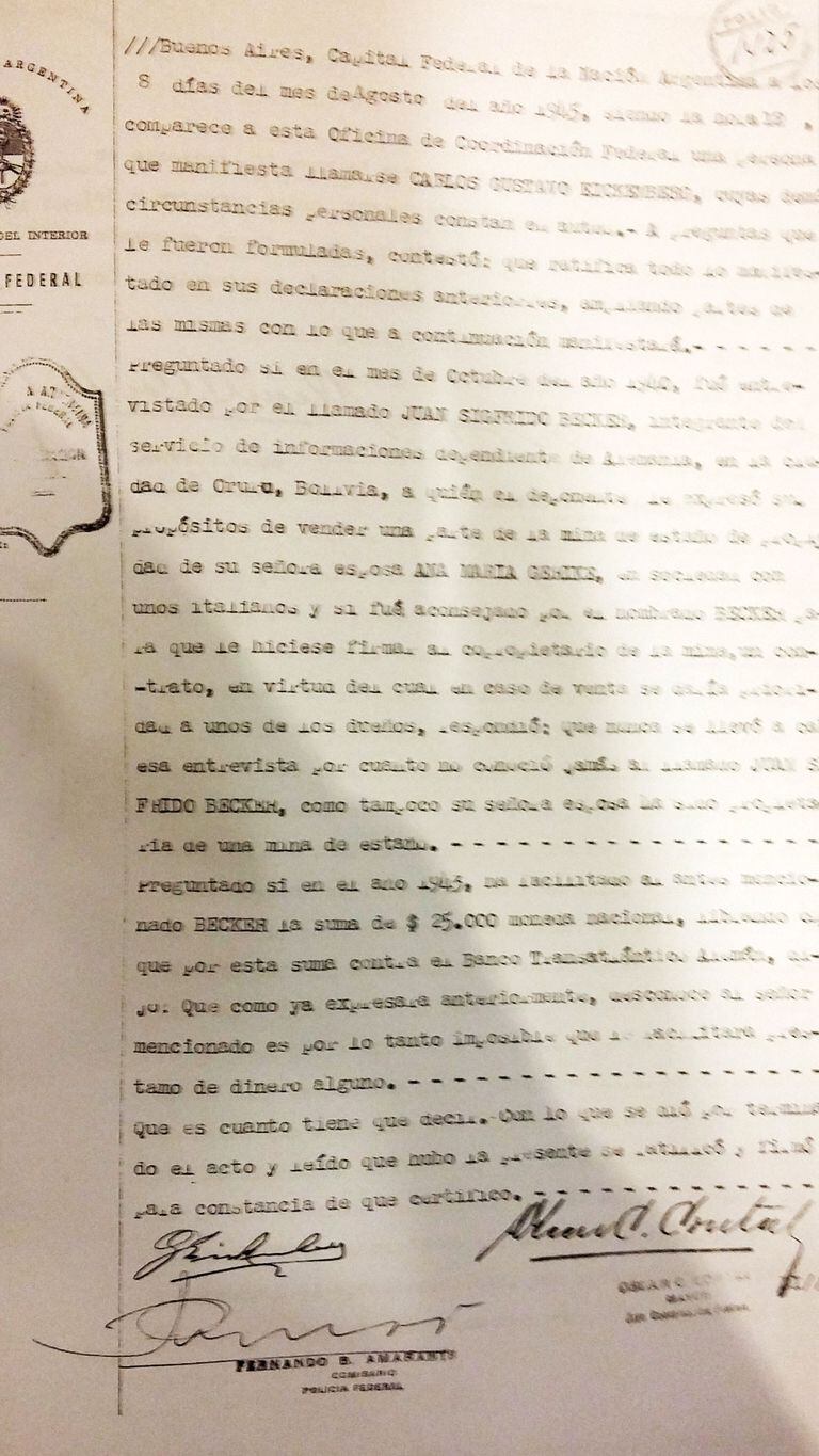 Una de las hojas de la declaración de Gustav Einckenberg ante Coordinación Federal en los días posteriores a los desembarcos clandestinos en Mar del Sud