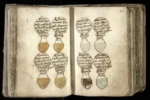 Dibujos de frascos de orina, que ilustran los diferentes colores de la orina de un paciente, con sus dolencias descritas en círculos arriba, siglo XV