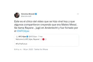 La periodista Verónica Brunati aclaró que Mateo Messi no es el protagonista del video viral (Foto: Twitter @verobrunati)
