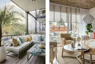 En el balcón, muebles de aluminio anodizado de Pampa Living. Lámpara colgante, un diseño de Gaby Orlando. Almohadones (Lote Propio). 