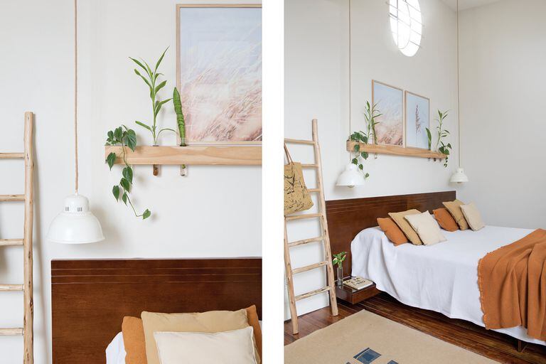 Fotos de un dormitorio con alfombra, estante flotante y lámparas colgantes.