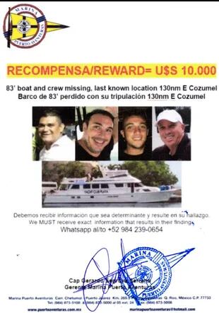 La Marina mexicana publicó hoy una recompensa de 10 mil dólares para quiénes puedan aportar información del yate
