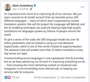 El posteo de Mark Zuckerberg anunciando el traductor universal de Meta