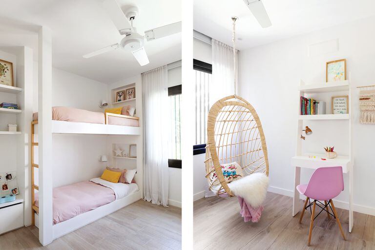 Fotos de un cuarto para niñas con camas cuchetas construidas en obra.