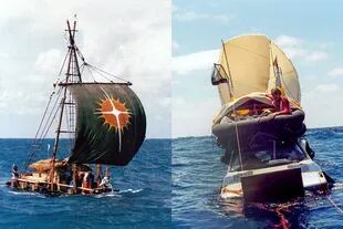 Izquierda, la balsa de la Expedición Atlantis (1984). Derecha: el Ford Taunus de Marco Amoretti (1999). Ambos siguieron la misma ruta, los primeros tardaron 52 días en cruzar el océano; los autonautas, más del doble