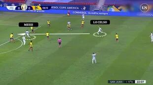 Pase filtrado de Lo Celso a Messi en la jugada que finalizará en el gol de Lautaro Martínez ante Colombia