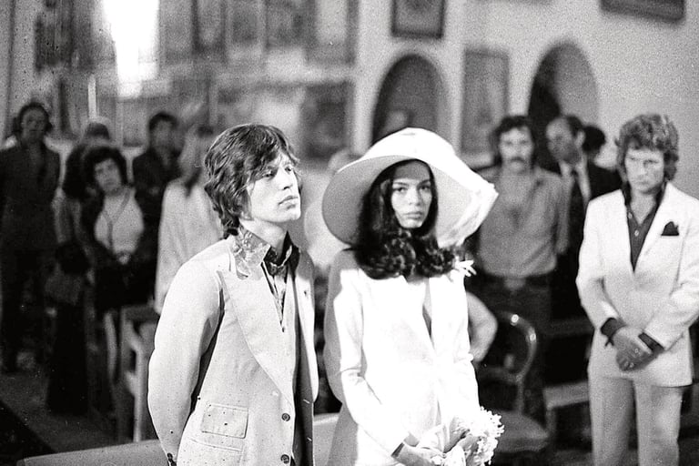 Rolling Stones singer, Mick Jagger and his bride, Bianca Perez-Mora Macias, are shown during their wedding in the Sainte-Anne chapel in Saint Tropez, on May 12, 1971.  (AP Photo)