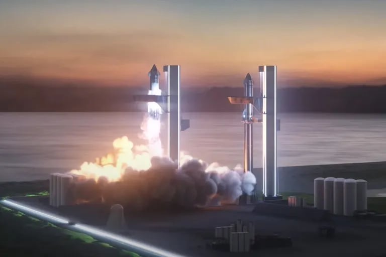 Representación de las plataformas de lanzamiento de Starship equipado con los cohetes reutilizables Super Heavy de SpaceX