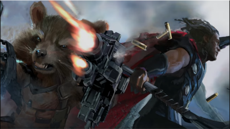 Diseño de Los Vengadores: la guerra del infinito, que muestra a Thor junto a Rocket Racoon
