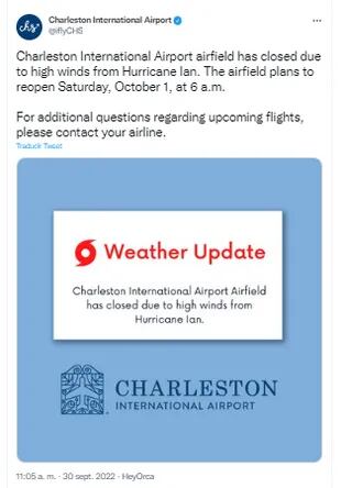 El Aeropuerto Internacional de Charleston canceló sus operaciones este viernes a la mañana en espera del paso de Ian