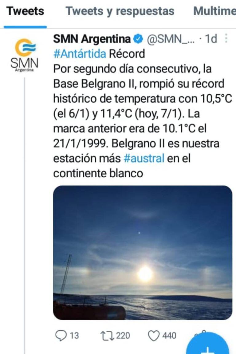EL tuit del Servicio Meteorológico Nacional que informa sobre el récord de temperatura máxima en la Base Belgrano II, en la Antártida