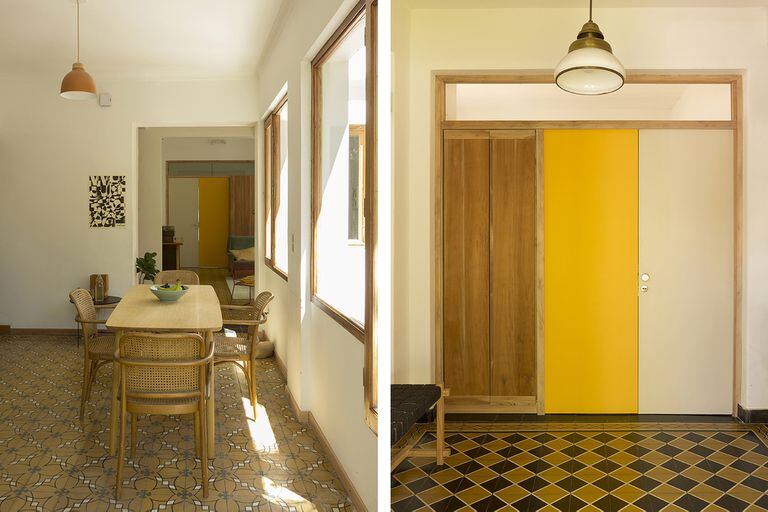 Espacio de guardado con paños de cedro y las puertas, de MDF laqueado en amarillo y crudo (Estudio Prim), vistas de uno y otro lado.