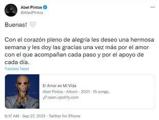 Abel Pintos le agradeció a sus fans y les deseó una buena semana tras su boda.