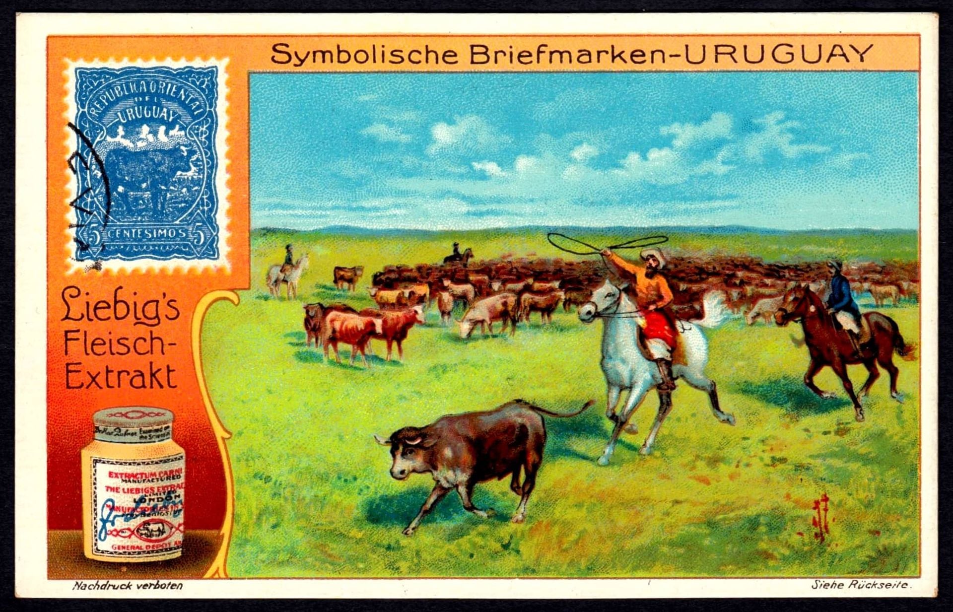 Una postal de Liebig que muestra el campo uruguayo, donde tenían su planta principal en Sudamérica.