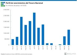 Las "torres" que enfrenta el Gobierno: perfil de vencimientos del Tesoro, según datos de Ecolatina.