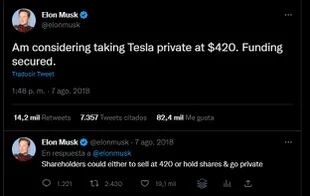 El tuit de 2018 en el que Elon Musk decía tener el dinero para comprar las acciones de Tesla y evitar que cotizara en la bolsa