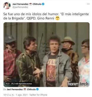 El comediante Javier "Chitrulo" Fernández le dedicó un sentido mensaje a Gino Renni en Twitter