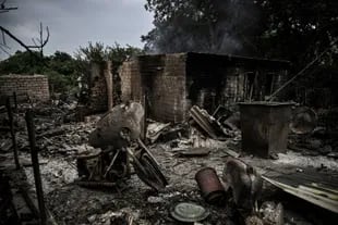 A picture of a house completely destroyed after a bombing in the city of Lysichansk in the Donbass region of eastern Ukraine, on June 13, 2022, amid the Russian invasion of Ukraine.