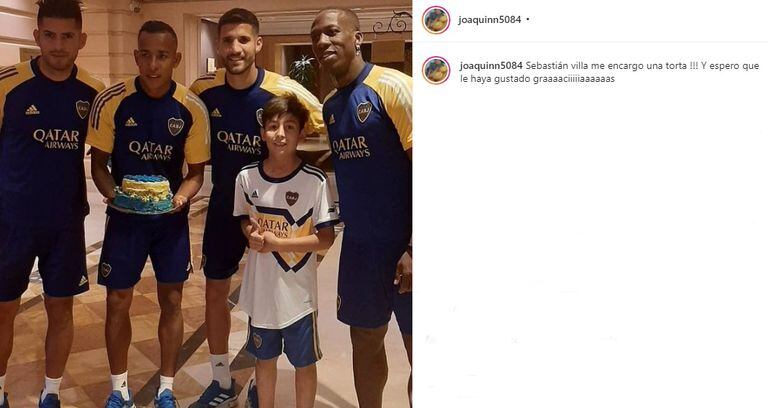El posteo de Joaquín junto al plantel de Boca Juniors, club del que es hincha (Foto: Captura Instagram/@joaquin5084)