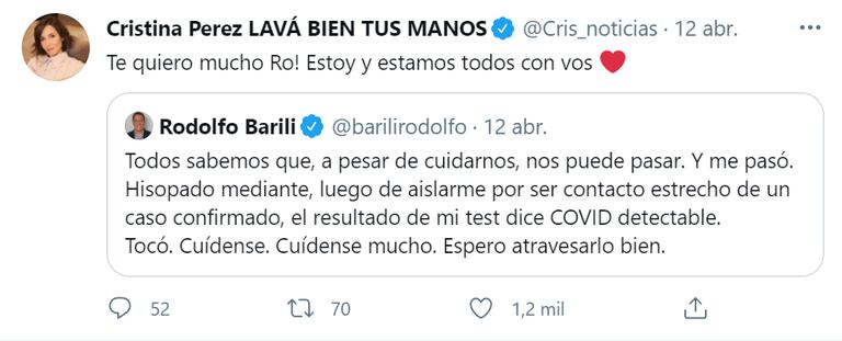 La respuesta de Cristina Pérez al tuit de Rodolfo Barili sobre su positivo de coronavirus
