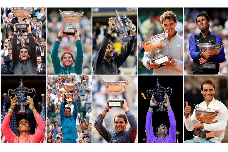 Rafael Nadal sosteniendo cada uno de sus 20 trofeos de Grand Slam