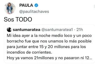 "Sos TODO", escribió Paula Chaves en un tuit de Santiago Maratea