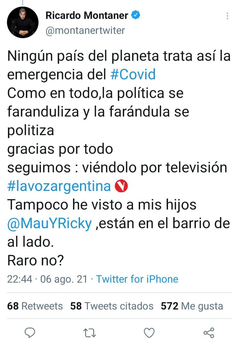 Ricardo Montaner cuestionó las medidas de prevención contra el Covid establecidas por el Gobierno argentino