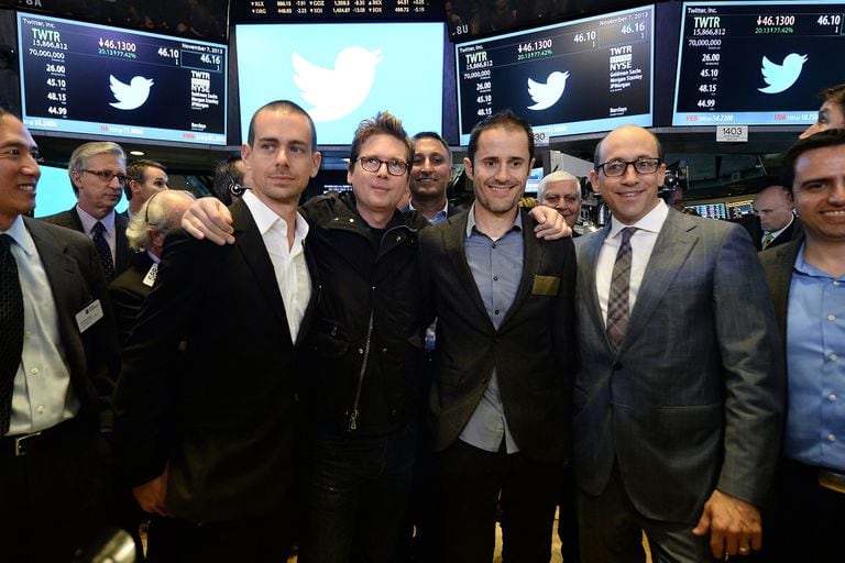 Los fundadores de Twitter –Dorsey, Biz Stone, Evan Williams y Dick Costolo–, en la Bolsa de Nueva York, en 2013
