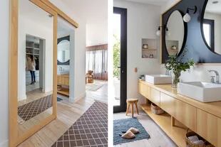 Con delicado diseño, la puerta corrediza del baño le da un gran espejo enmarcado al vestidor sin quitarle espacio de guardado.