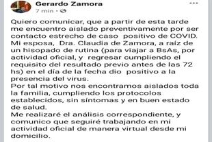 La publicación en Facebook de Gerardo Zamora, donde anunció el resultado del test de su esposa
