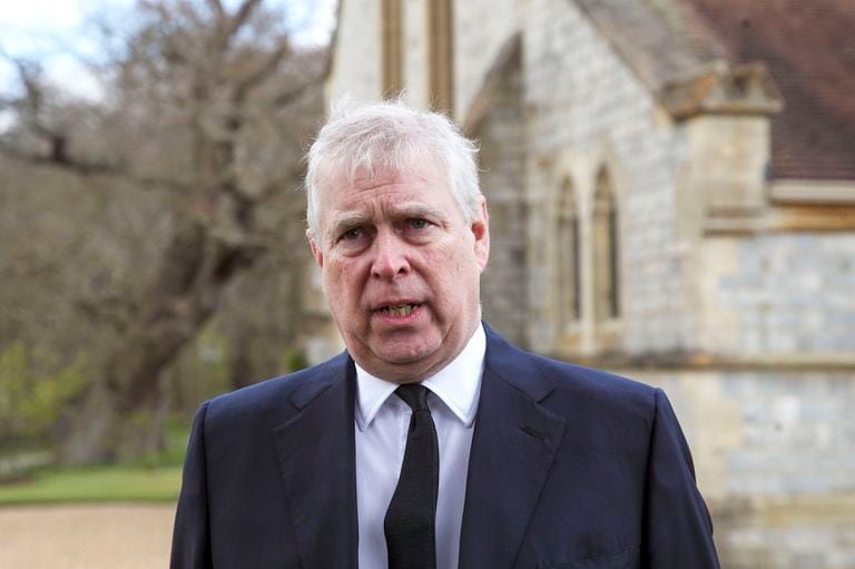 FILE - In this Sunday, April 11, 2021, file photo, Britain's Prince Andrew makes remarks during a television interview at the Royal Chapel of All Saints in Windsor, England.  (Steve Parsons/Photo shared via AP, File)