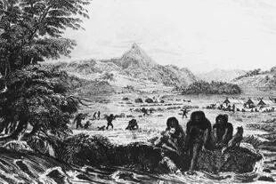 Habitantes fueguinos en Woollya, con el campamento de la expedición Fitz Roy al fondo, en 1831 (1839), cuando Charles Darwin era naturalista en la expedición