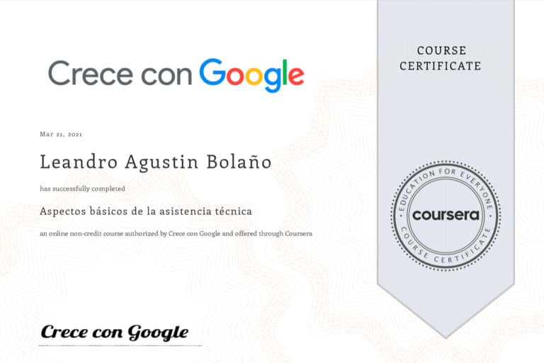 El diploma entregado por Google a Leandro Bolaño por el curso de soporte técnico IT