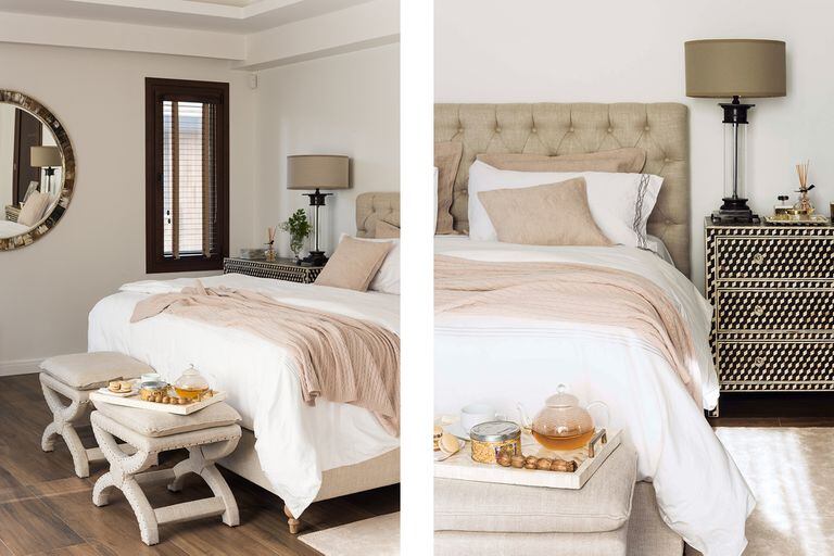 Fotos de un dormitorio con respaldo de cama en lino beige y las poltronas al pie de cama.