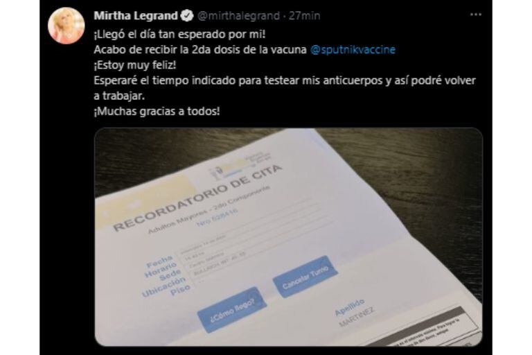 El tuit con el que Mirtha Legrand dio a conocer la noticia de su vacunación