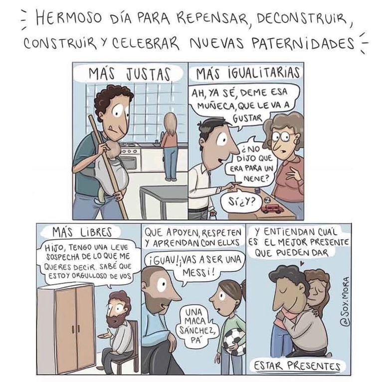 El cómic "Nuevas Paternidades" es obra de @soymora, que en su biografía de Instagram se define como “Dibujanta, militanta, peronista, feminista y licenciada en comunicación”.